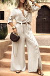 Women's Lapel Slit Button Cotton and Linen Casual Suit