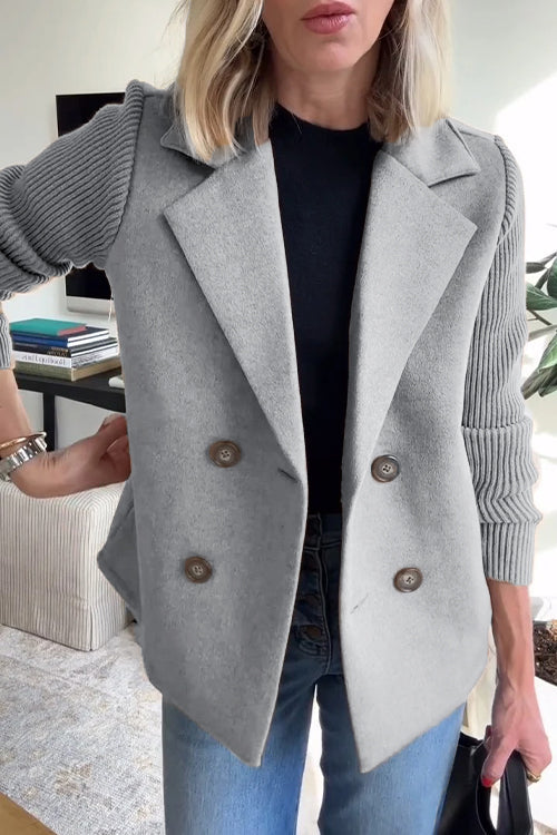 Women's Lapel Button Knitted Sleeve Casual Coat with Two Side Pockets