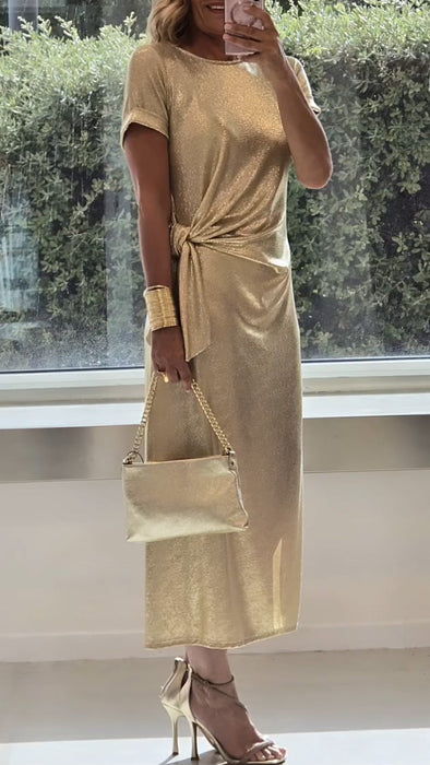 Ladies Round Neck Pleated Slit Temperament Casual Dress