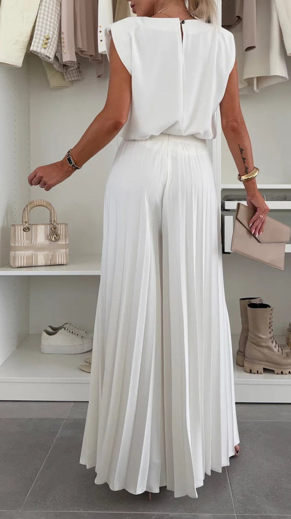 Women's Round Neck Sleeveless Top + Pleated Wide-leg Pants Casual Suit