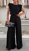 Women's Round Neck Sleeveless Top + Pleated Wide-leg Pants Casual Suit