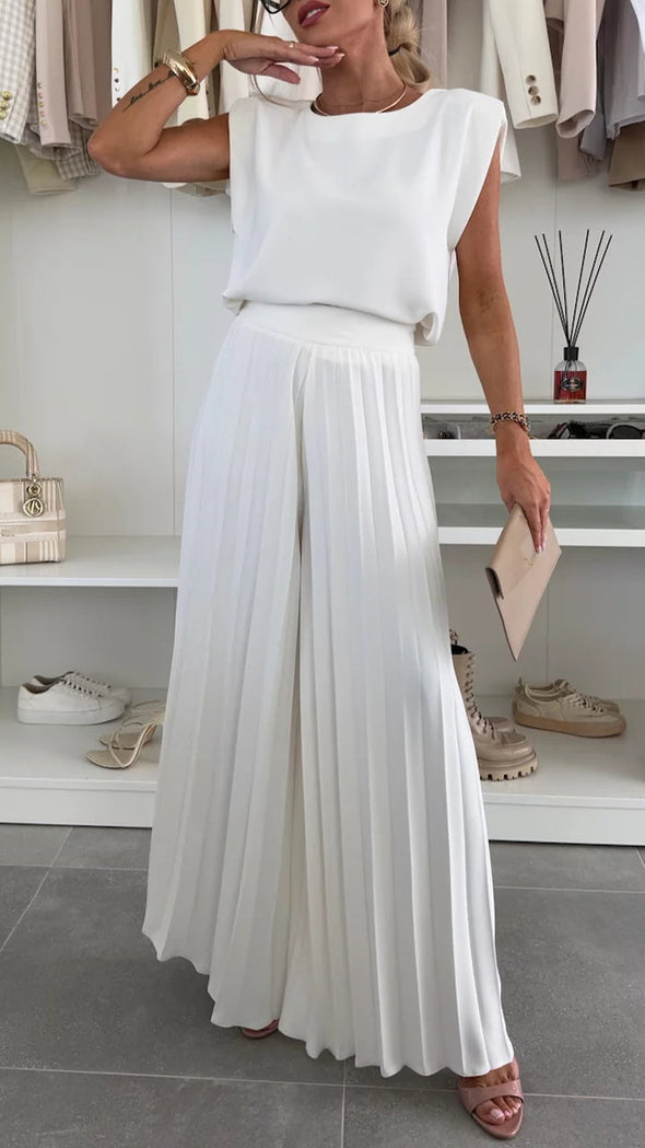 Women's Round Neck Sleeveless Top + Pleated Wide-leg Pants Casual Suit