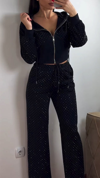 Women's Hooded Zipper Hot Diamond Casual Suit