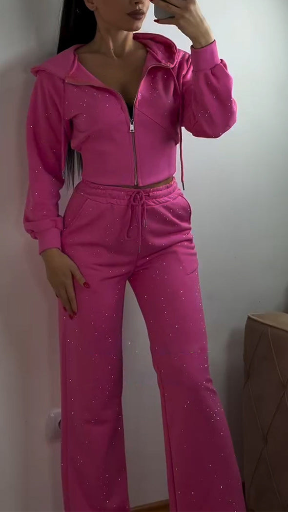 Women's Hooded Zipper Hot Diamond Casual Suit