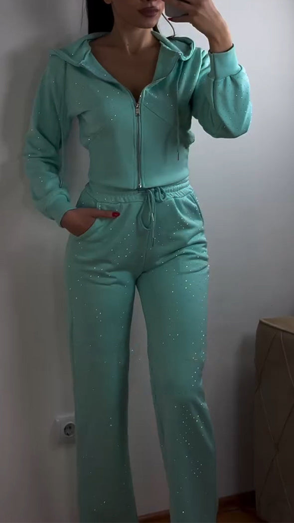 Women's Hooded Zipper Hot Diamond Casual Suit
