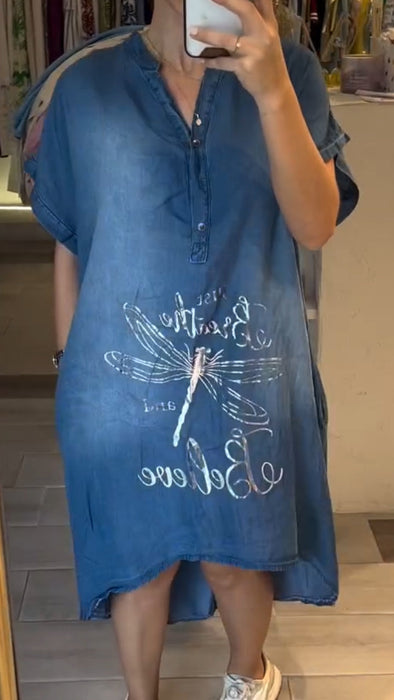 Women's V-neck Half-open Collar Button Denim Casual Dress