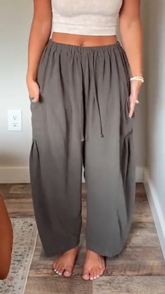 Women's Cotton and Linen Double Pocket Casual Trousers