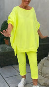 Women's Round Neck Slit Fluorescent Color Casual Suit