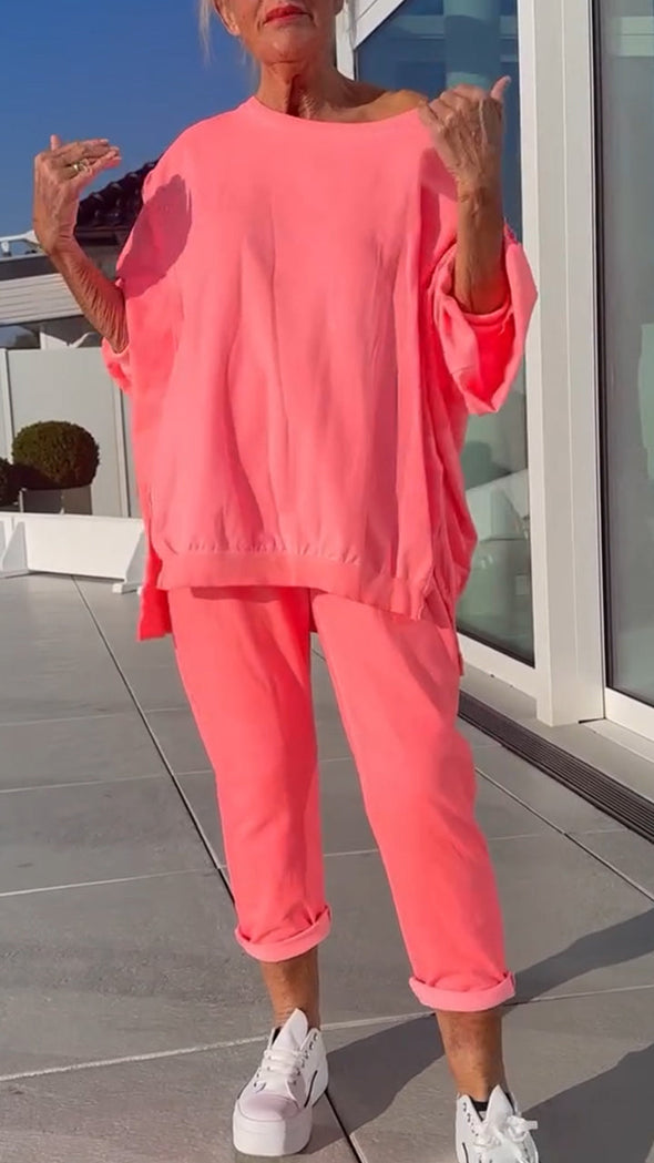 Women's Round Neck Slit Fluorescent Color Casual Suit