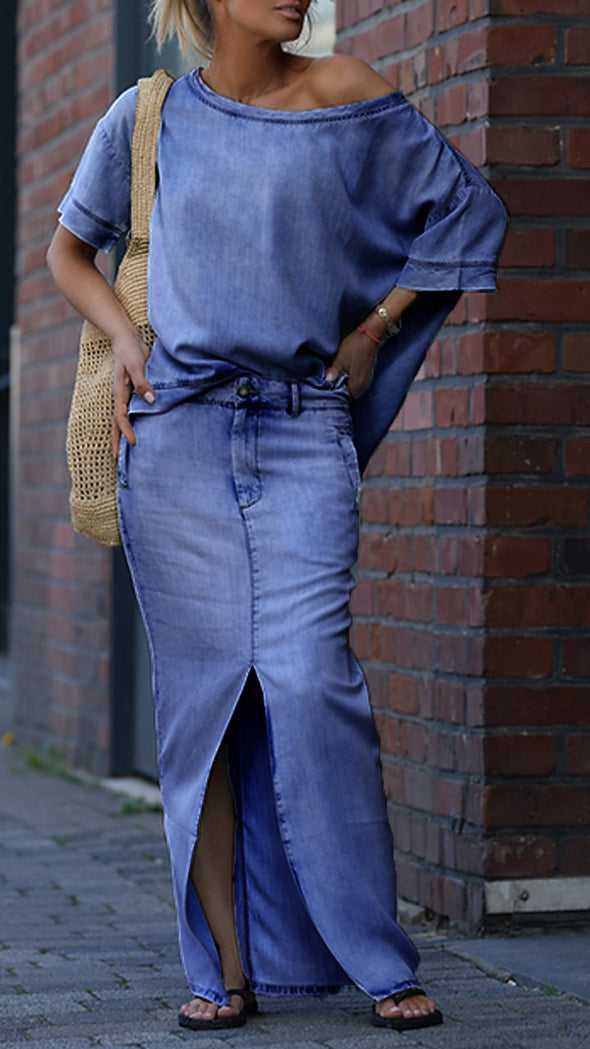 Women's Round Neck Tencel Denim Casual Suit