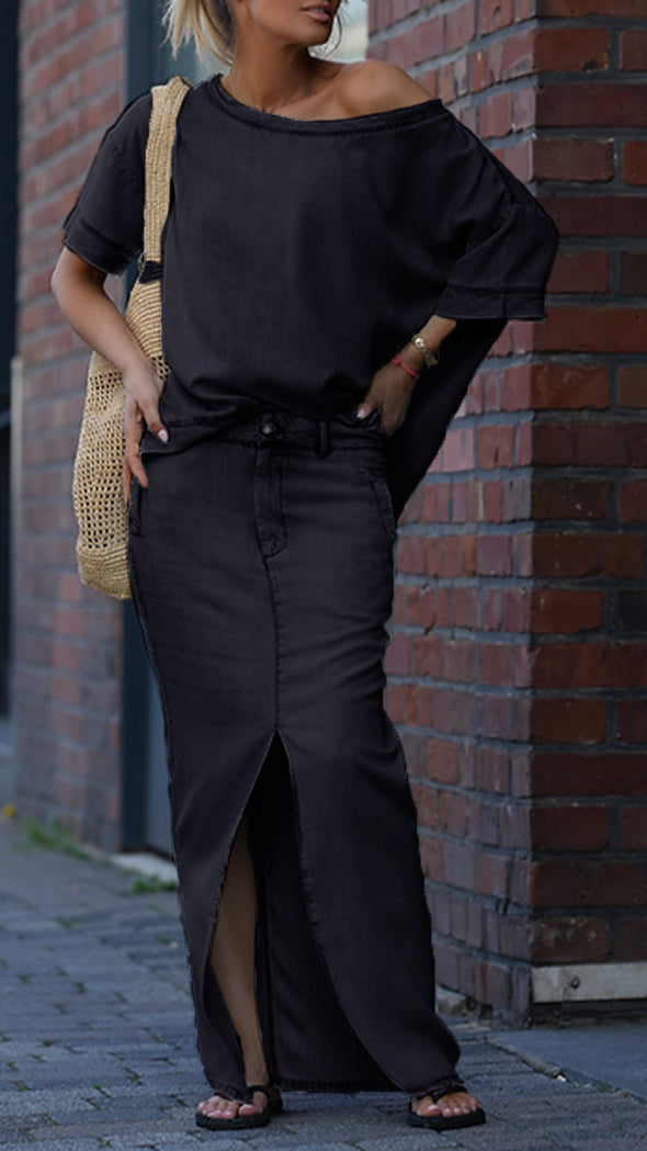 Women's Round Neck Tencel Denim Casual Suit