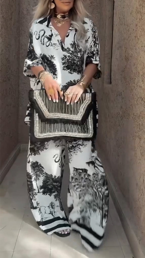 Women's V-neck Top + Printed Trousers Casual Suit