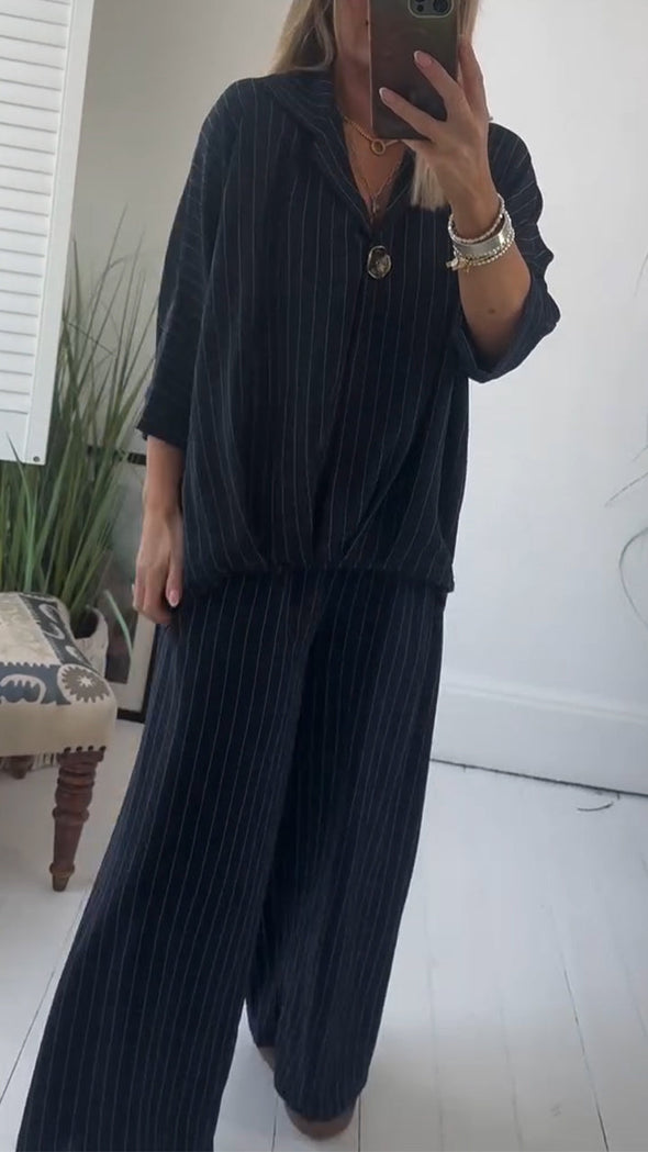 Ladies' Collar Striped Loose Casual Suit