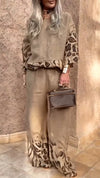 Women's Round Neck Leopard Print Cotton and Linen Casual Suit