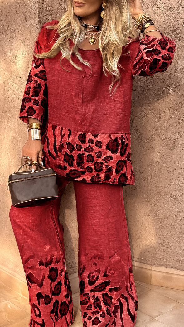 Women's Round Neck Leopard Print Cotton and Linen Casual Suit