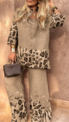Women's Round Neck Leopard Print Cotton and Linen Casual Suit