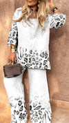 Women's Round Neck Leopard Print Cotton and Linen Casual Suit