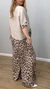 Women's Round Neck Leopard Print Cotton and Linen Casual Suit