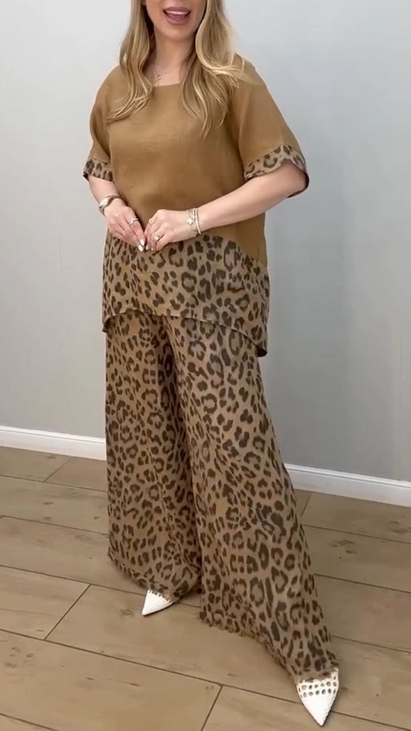 Women's Round Neck Leopard Print Cotton and Linen Casual Suit