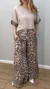 Women's Round Neck Leopard Print Cotton and Linen Casual Suit