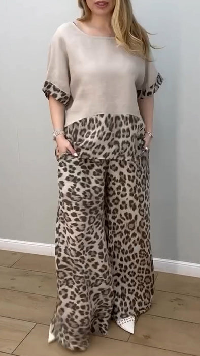 Women's Round Neck Leopard Print Cotton and Linen Casual Suit