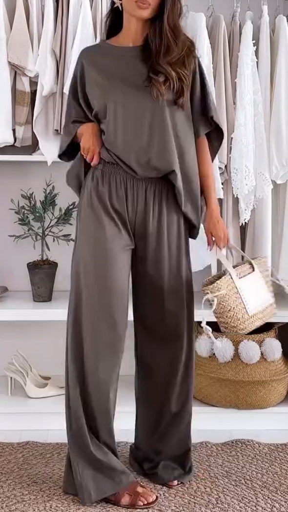 Ladies' Round Neck Solid Color Loose Casual Suit