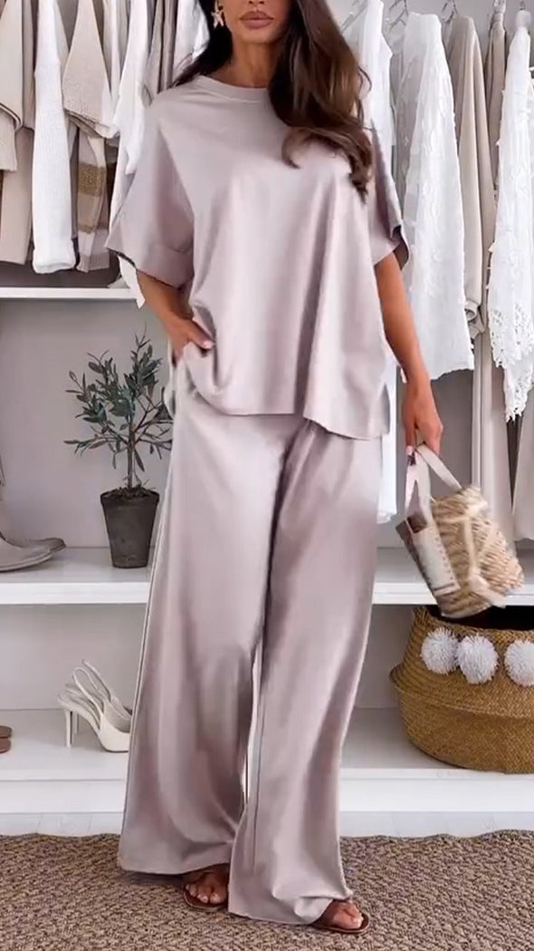 Ladies' Round Neck Solid Color Loose Casual Suit