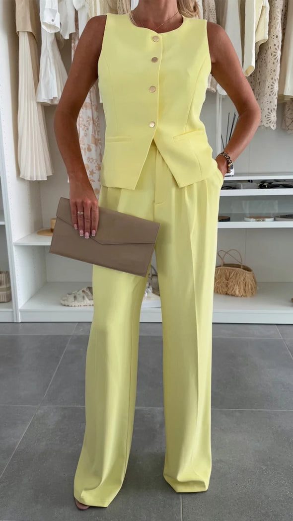 Women's Round Neck Sleeveless Top + Trousers Set