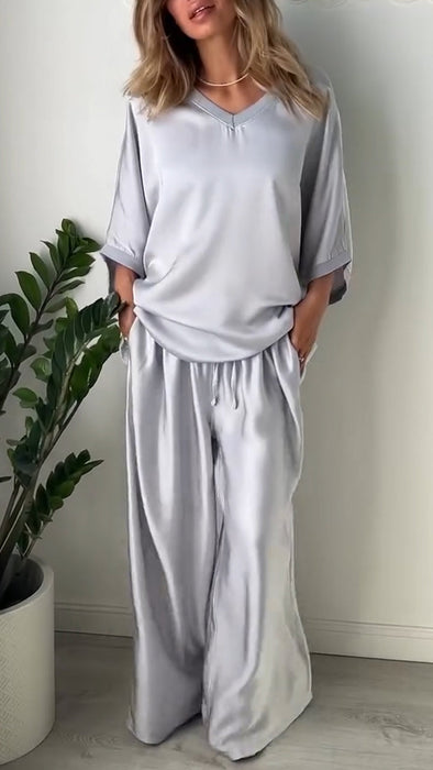 Women's V-neck Satin Loose Casual Suit