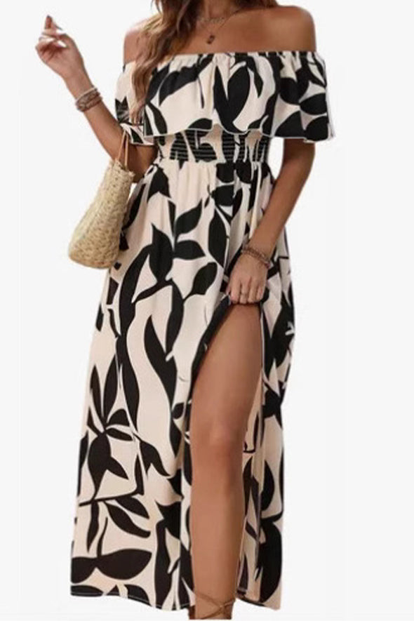 Ladies' One Collar Printed Slit Casual Dress