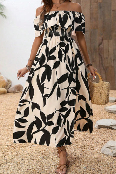 Ladies' One Collar Printed Slit Casual Dress