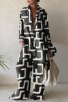 Ladies' Lapel Printed Top+pants Loose Casual Suit