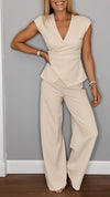 Women's V-neck Solid Color Waist Button Casual Suit