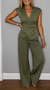 Women's V-neck Solid Color Waist Button Casual Suit