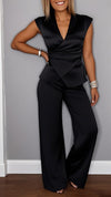 Women's V-neck Solid Color Waist Button Casual Suit