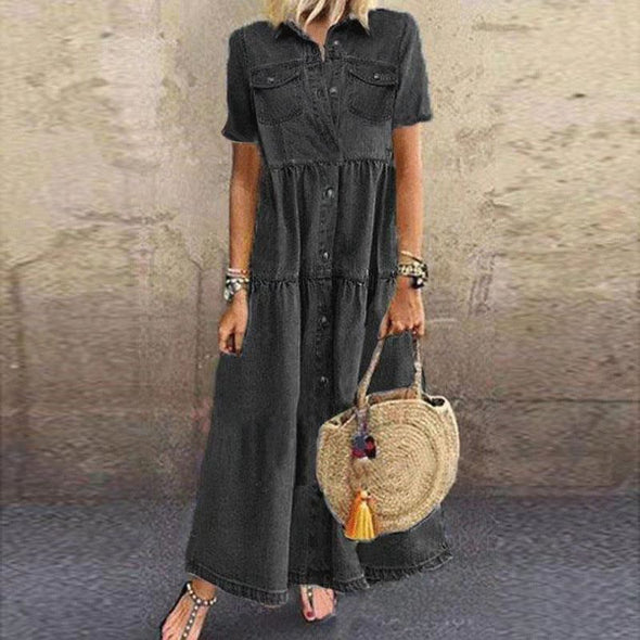 Ladies' Lapel Patchwork Buckle Printed Casual Dress