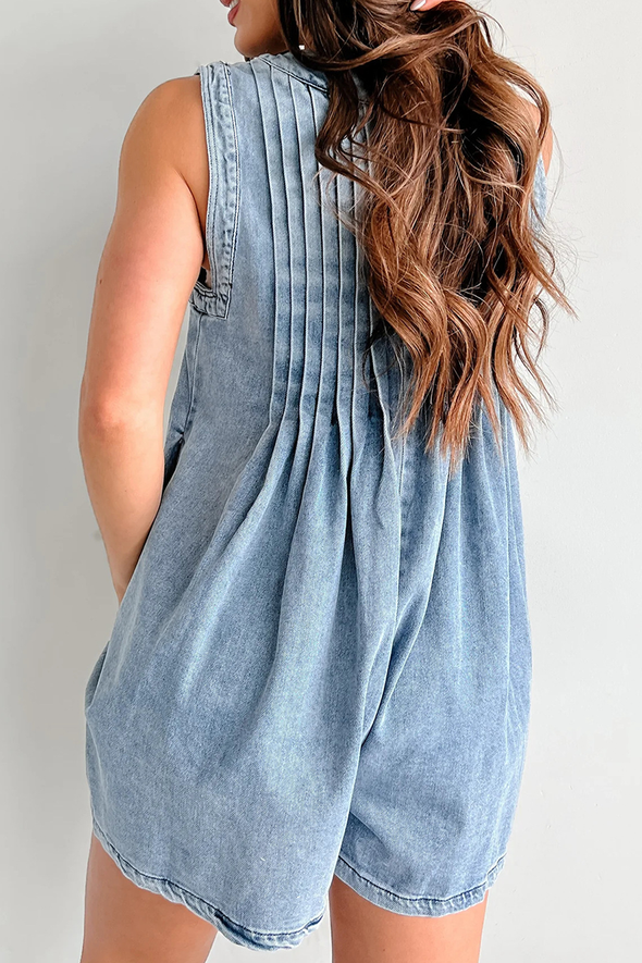 Women's V-neck Patchwork Pleated Washed Water Casual Short Jumpsuit