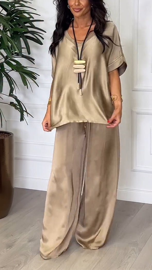 Ladies' Round Neck Satin Solid Color Loose Casual Suit