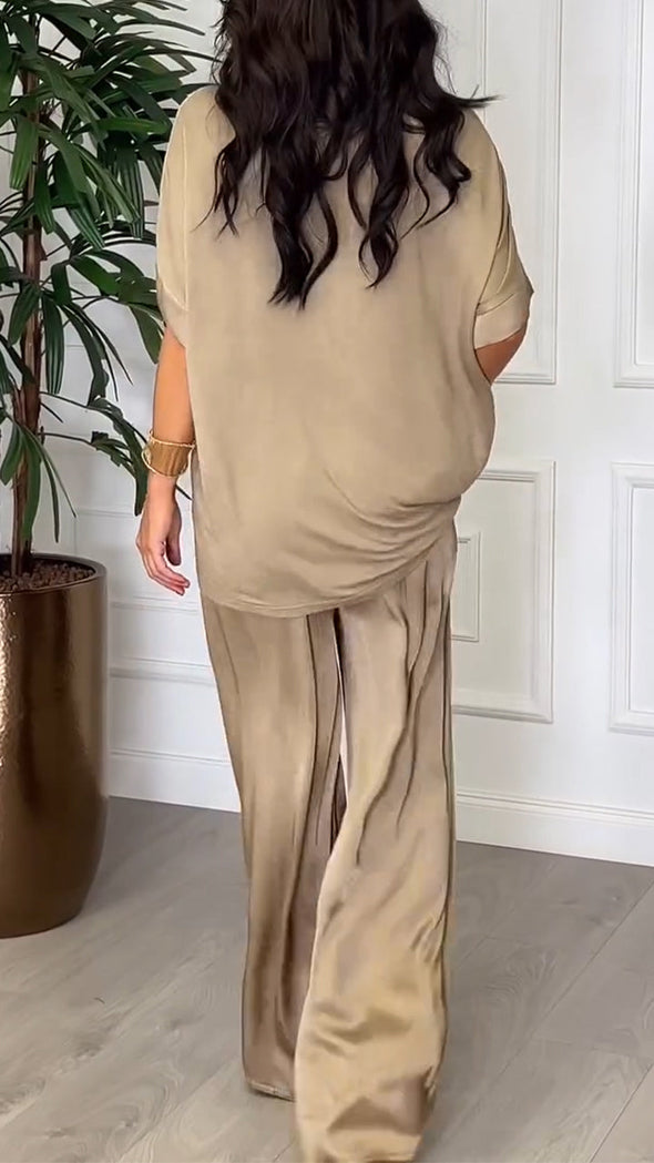 Ladies' Round Neck Satin Solid Color Loose Casual Suit