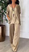 Ladies' Round Neck Satin Solid Color Loose Casual Suit