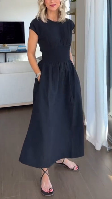 Ladies' Round Neck Spliced Solid Color Casual Dress