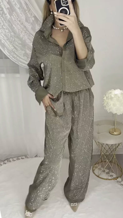 Ladies' Collar Hot Pressed Diamond Splicing Top+ Pants Casual Set