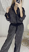 Ladies' Collar Hot Pressed Diamond Splicing Top+ Pants Casual Set