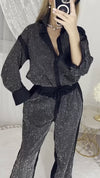 Ladies' Collar Hot Pressed Diamond Splicing Top+ Pants Casual Set