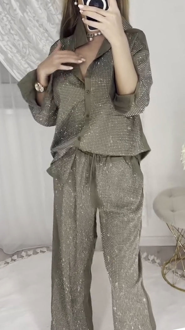 Ladies' Collar Hot Pressed Diamond Splicing Top+ Pants Casual Set