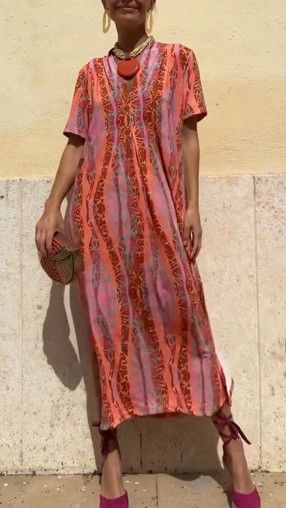 Ladies' V-neck Vertical Print Slit Casual Dress