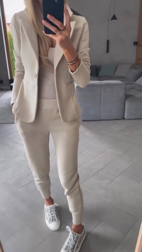 Women Collar Jacket+ Pants Commuting Style Set