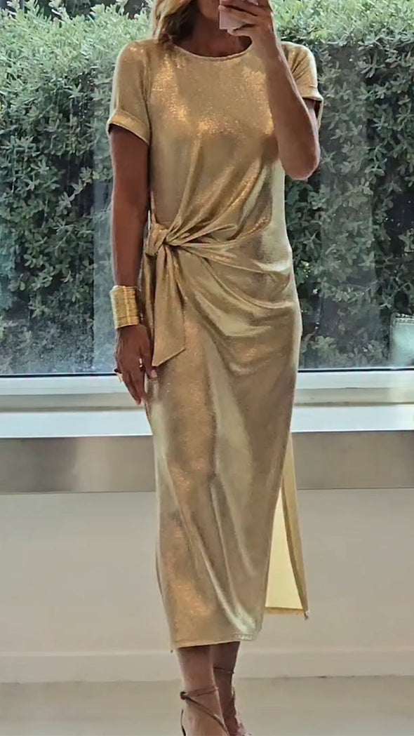 Ladies Round Neck Pleated Slit Temperament Casual Dress