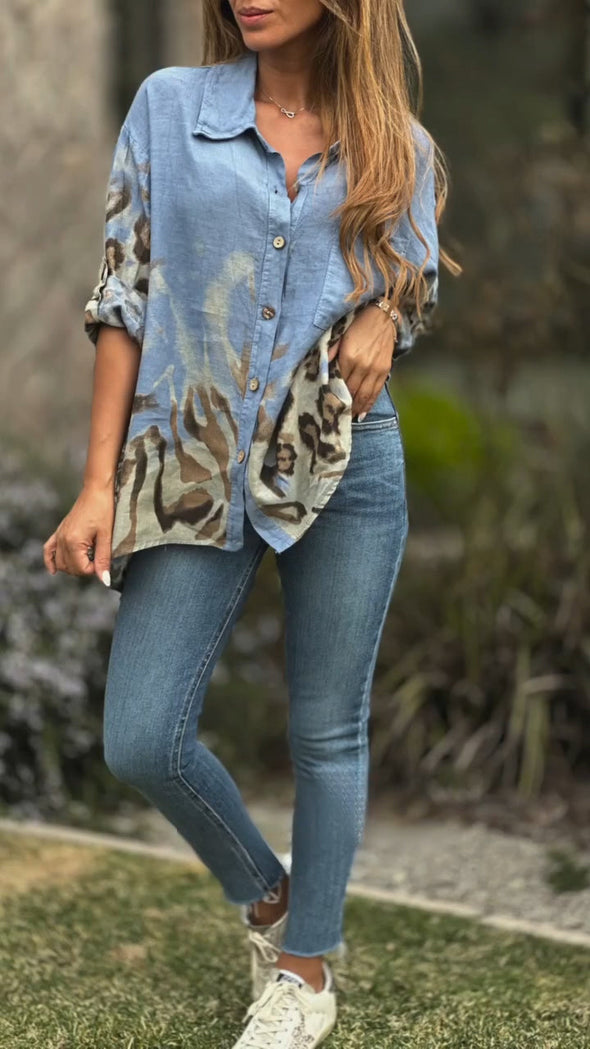 Ladies Lapel Breasted Printed Casual Top