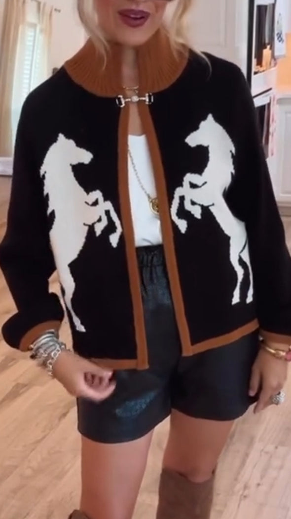 Ladies Patchwork Printed Casual Knitted Cardigan